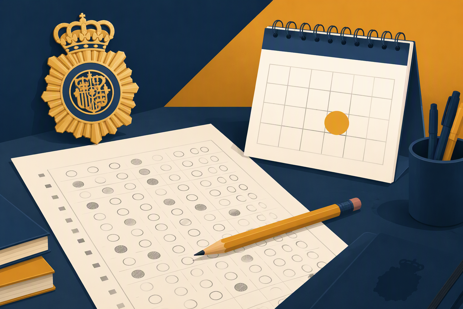 Placa de la Policía Nacional, hoja de respuestas tipo test corregida con lápiz y calendario marcando el 26 de septiembre de 2026