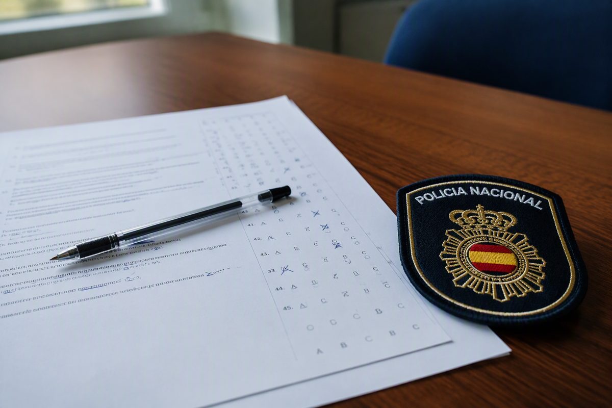 Examen oficial de teoría de Policía Nacional con hoja de respuestas y emblema del CNP