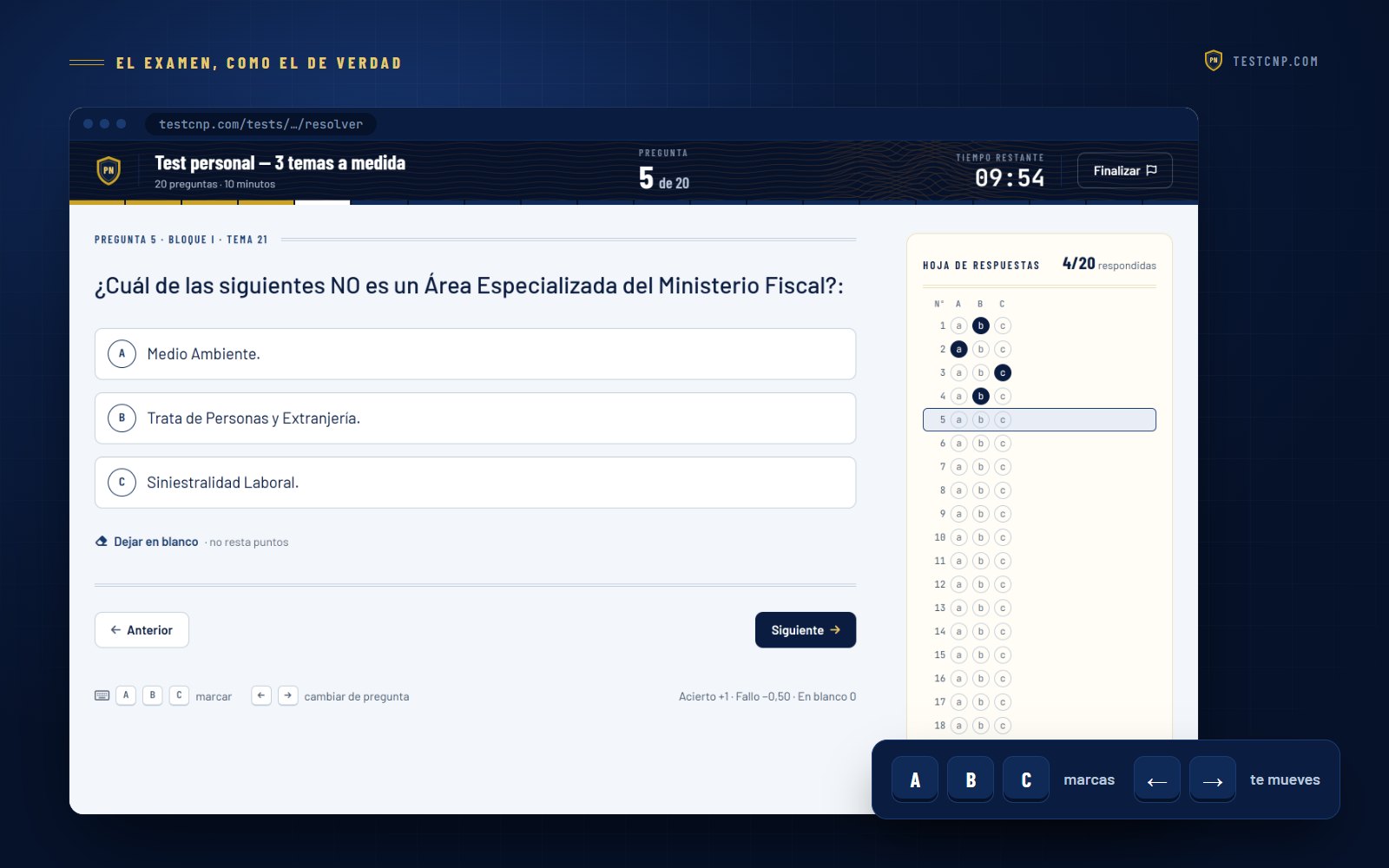 La pantalla del examen con una pregunta de tres opciones, el cronómetro y la hoja de respuestas, y las teclas A, B, C y las flechas
