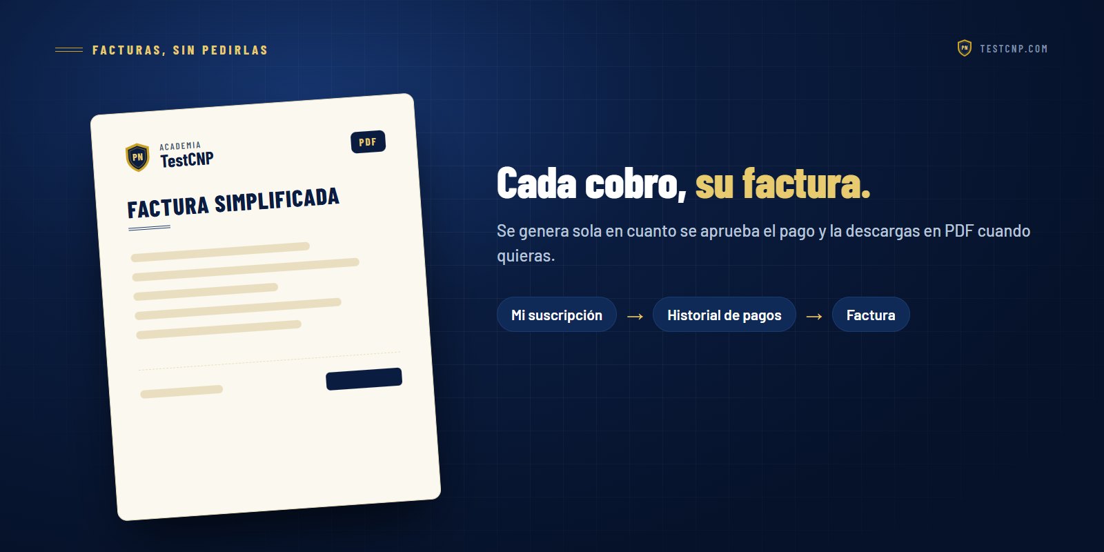 Ilustración de una factura simplificada de Academia TestCNP en PDF y el camino Mi suscripción, Historial de pagos, Factura