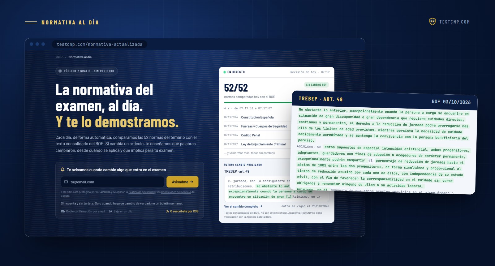 La página Normativa al día con el registro en directo de las 52 normas y, encima, el cambio del artículo 49 del TREBEP marcado en verde