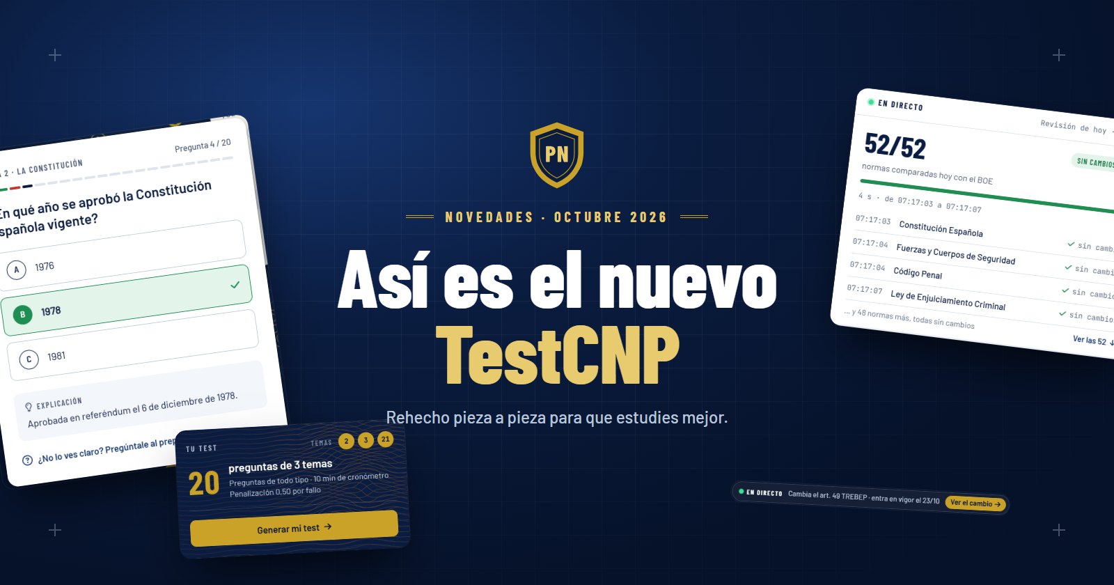Portada del nuevo TestCNP: la placa PN en navy y oro, rodeada de pantallas reales de la plataforma