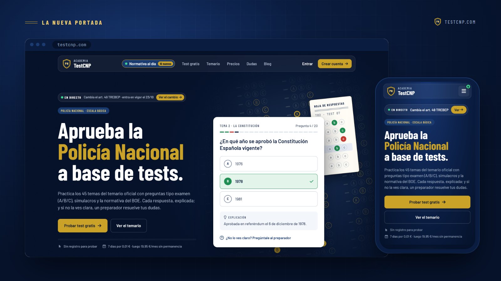 La nueva portada de testcnp.com en el ordenador y en el móvil, en navy y oro, con una pregunta corregida y la hoja de respuestas al fondo