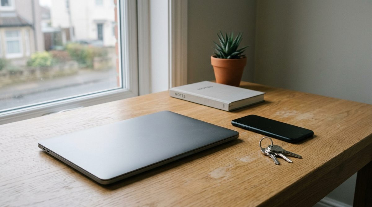 Escritorio de estudio con un portátil cerrado, un móvil y unas llaves junto a la ventana
